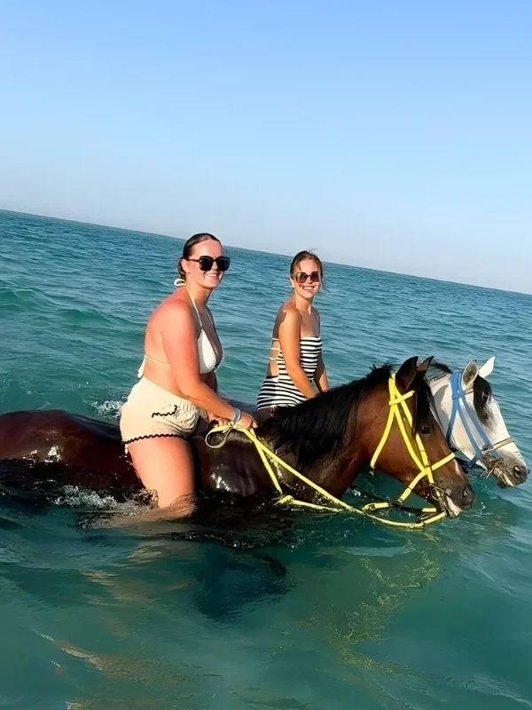 Couple enjoying swimming with horses in Hurghada