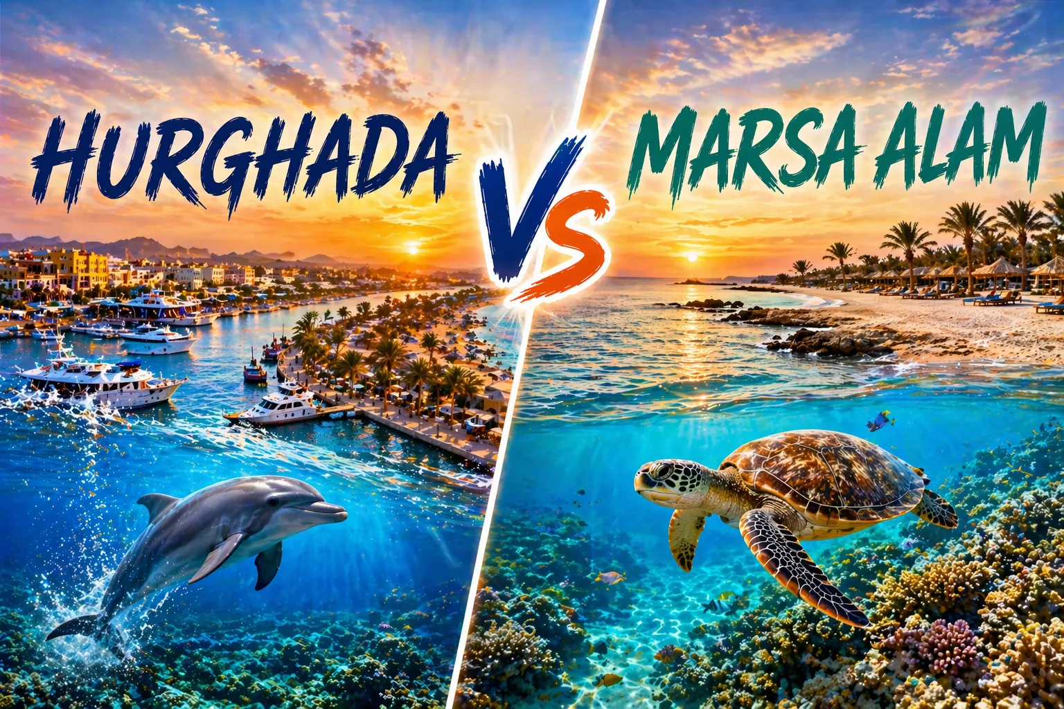 Hurghada beaches and boats, while a dolphin plays in the Red Sea, and turtles swim at Marsa Alam beach