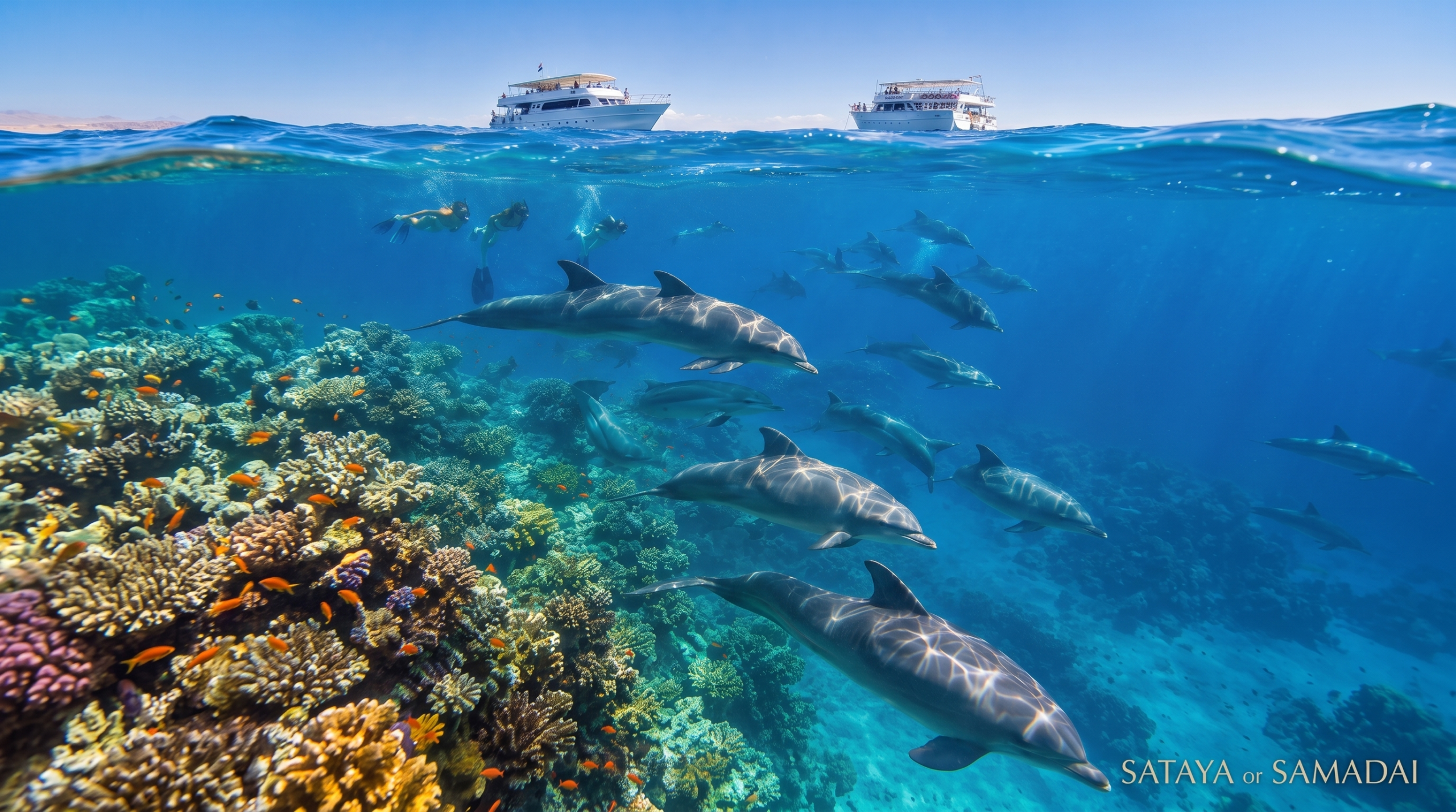 Snorkeling boats and happy snorkelers seeing the Sataya dolphin house and the Samadai dolphin house in Marsa Alam Egypt